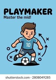 Cute cartoon kid soccer playmaker character dribbling football vector illustration