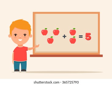 Cute Cartoon Kid Studying Math in the Classroom. Colorful Vector Illustration