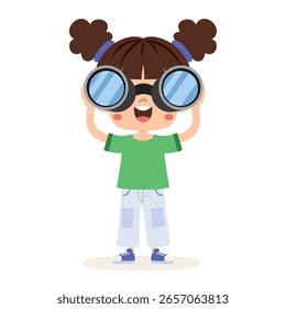 Lindo niño de dibujos animados con binoculares
