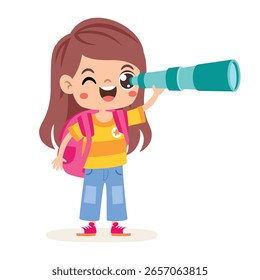 Garoto de desenhos animados bonito usando binóculos