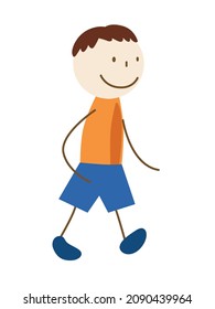 Cute cartoon kid walks. Drawing sketch. Vector illustration Isolated on white background