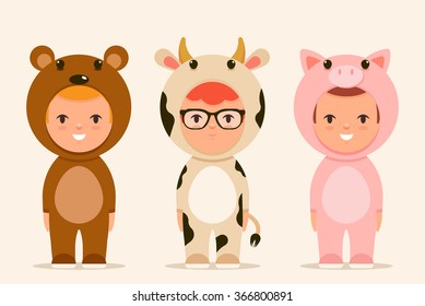 Cute Cartoon Kids in Animal Costumes: Bear, Cow and Pig. Vector Set