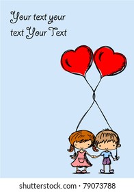cute cartoon kids with balloons in heart shape