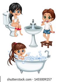 Cute Cartoon Kids in a Bathroom Daily Routine Activities Vector Illustration. Girls and Boys Brushing Teeth, Sitting on a Toilet, Taking Bath and Playing with Soap Bubbles Isolated on White Background