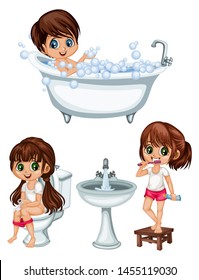 Cute Cartoon Kids in a Bathroom Daily Routine Activities Vector Illustration. Girls and Boys Brushing Teeth, Sitting on a Toilet, Taking Bath and Playing with Soap Bubbles Isolated on White Background