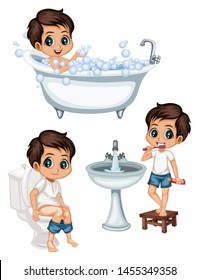 Cute Cartoon Kids in a Bathroom Daily Routine Activities Vector Illustration. Boys Brushing Teeth, Sitting on a Toilet, Taking Bath and Playing with Soap Bubbles Isolated on White Background