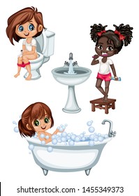 Cute Cartoon Kids in a Bathroom Daily Routine Activities Vector Illustration. Girls Brushing Teeth, Sitting on a Toilet, Taking Bath and Playing with Soap Bubbles Isolated on White Background