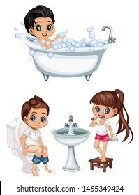 Cute Cartoon Kids in a Bathroom Daily Routine Activities Vector Illustration. Girls and Boys Brushing Teeth, Sitting on a Toilet, Taking Bath and Playing with Soap Bubbles Isolated on White Background