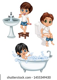 Cute Cartoon Kids in a Bathroom Daily Routine Activities Vector Illustration. Girls and Boys Brushing Teeth, Sitting on a Toilet, Taking Bath and Playing with Soap Bubbles Isolated on White Background