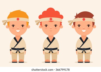 Cute Cartoon Kids. Black Belt Karate Masters. Vector Set