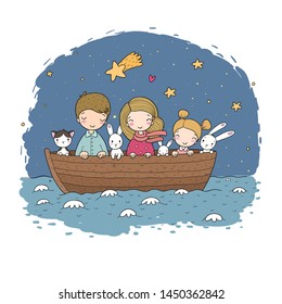 Cute cartoon kids in the boat. A brother, two little sisters, funny hares and a cat. Best friends went on a trip.