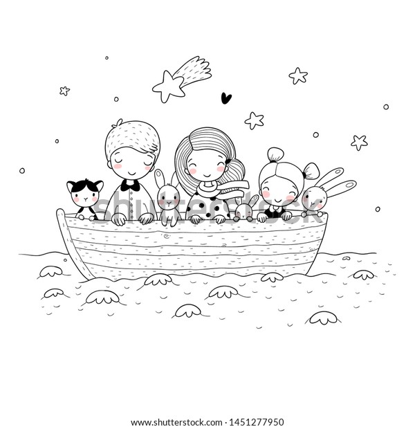 Cute Cartoon Kids Boat Brother Two Stock Vector (Royalty Free ...