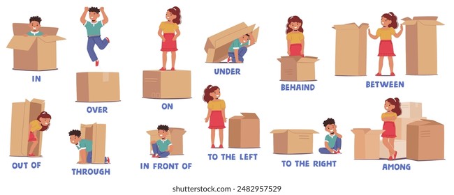 Cute Cartoon Kids Demonstrating English Prepositions Of Place Using Boxes. Educational Illustration Showing Children Interacting With Boxes In Different Positions, Such As In, On, Under, And Beside