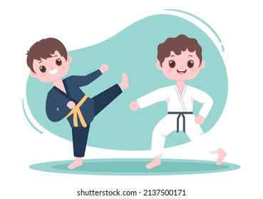 Cute Cartoon Kids Doing Some Basic Karate Martial Arts Moves, fighting Pose and Wearing Kimono in Flat Style Background Vector Illustration