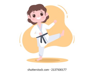 Cute Cartoon Kids Doing Some Basic Karate Martial Arts Moves, fighting Pose and Wearing Kimono in Flat Style Background Vector Illustration