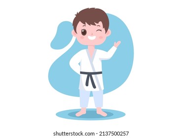 Cute Cartoon Kids Doing Some Basic Karate Martial Arts Moves, fighting Pose and Wearing Kimono in Flat Style Background Vector Illustration