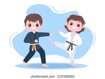 Cute Cartoon Kids Doing Some Basic Karate Martial Arts Moves, fighting Pose and Wearing Kimono in Flat Style Background Vector Illustration