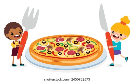 Cute Cartoon Kids Eating Pizza