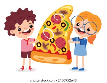 Nette Cartoon Kinder essen Pizza