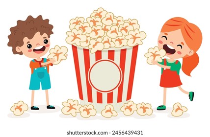 Cute Cartoon Kids Eating Popcorn