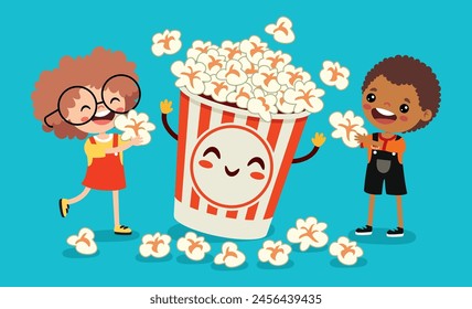 Cute Cartoon Kids Eating Popcorn