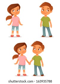 cute cartoon kids, either a brother and sister or little friends, holding hands. Isolated on white. Vector eps file.