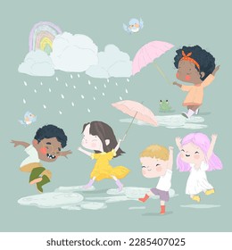 Cute Cartoon Kids enjoying and having fun the Rain