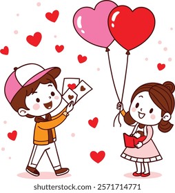 Cute Cartoon Kids Exchanging Valentines Cards with Heart Balloons