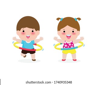 Cute cartoon kids exercises with hula hoop. Children playing hoola hoop, Weight loss concept, healthy food and fitness, Funny child character sport isolated on white background vector illustration