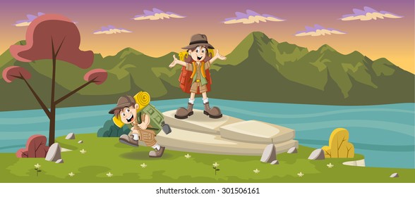 Cute cartoon kids in explorer outfit on a green park with a blue lake