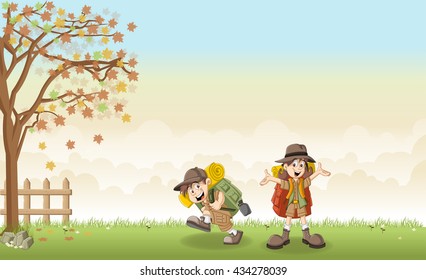 Cute cartoon kids in explorer outfit on a green park
