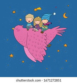 Cute cartoon kids are flying on a bird. Funny gnomes and princess. Little elves