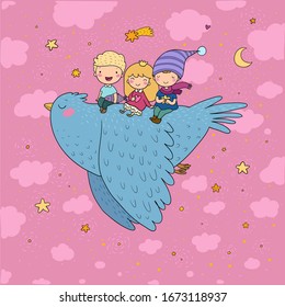 Cute cartoon kids are flying on a bird. Funny gnomes and princess. Little elves. small children