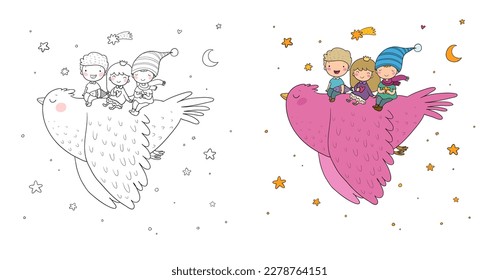 Cute cartoon kids are flying on a bird. Funny gnomes and princess. Little elves.  Illustration for coloring books. Monochrome and colored versions.