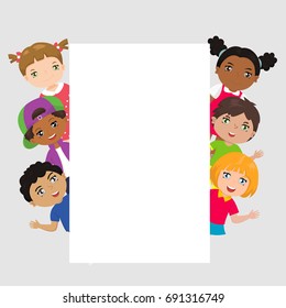 Cute cartoon kids frame.Funny kids of different races with various hairstyles.  Place for text