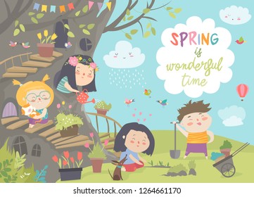 Cute cartoon kids are gardening in spring park. Vector illustration