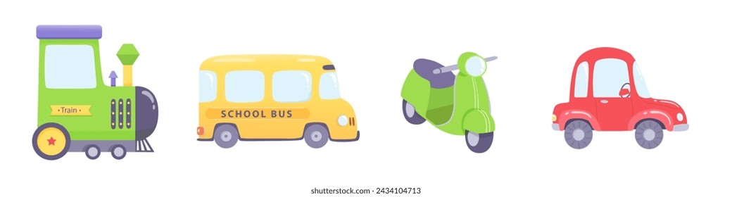 Cute cartoon kids ground transport set vector illustration. Urban ground transport isolated on white background. Car, scooter, train, school bus. Colorful city transportation infrastructure.