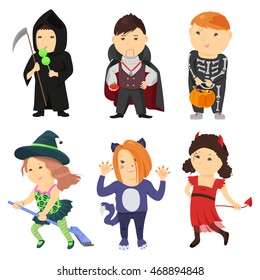Cute cartoon kids in halloween costumes isolated on white background. Vector illustration for holiday design. Funny girl boy child. Character october party. Witch vampire skeleton cat devil death icon