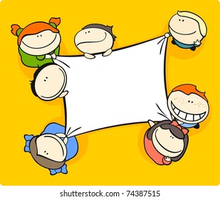 Cute cartoon kids holding a canvas