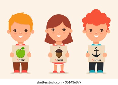 Cute Cartoon Kids Holding Pictures with Words that Start with A. Vector Set