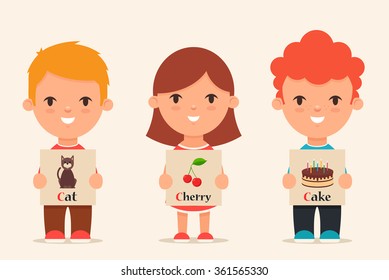 Cute Cartoon Kids Holding Pictures with Words that Start with C. Vector Set