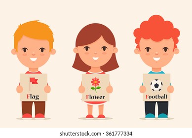 Cute Cartoon Kids Holding Pictures with Words that Start with F. Vector Set