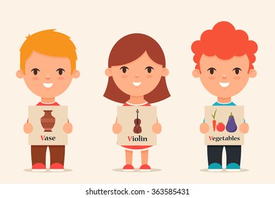 Cute Cartoon Kids Holding Pictures with Words that Start with V. Vector Set