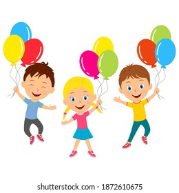cute cartoon kids jump with balloons,vector,illustration