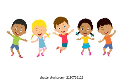 cute cartoon kids jumping on the white background, illustration, vector