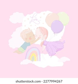 Cute Cartoon Kids kissing in the Sky