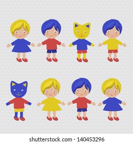 Cute cartoon kids and kittens. Vector illustration.