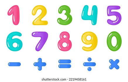 Cute cartoon kids numbers and math symbols set. Vector illustration in flat style on white background. 