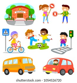 Cute cartoon kids and objects related to road traffic safety