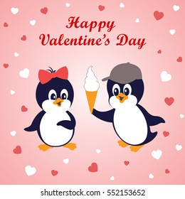 Cute cartoon kids penguins on pink background with red and white hearts and greeting inscription. Valentine's Day card, poster, party invitation, web banner.